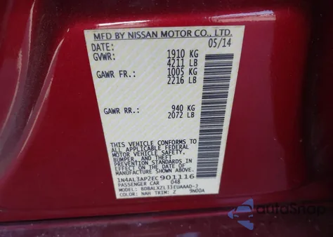 2014 Nissan Altima 2.5 Sl from USA, damaged, VIN 1N4AL3AP2EC901116